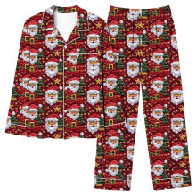 Dámské vánoční pyžamové soupravy, potisk Santy, dlouhý rukáv, zapínání na knoflíky, strečový pas ve 4 směrech, S-2XL – vhodné k