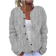 Cardigã feminino xadrez de tricô com gola redonda, punhos longos afunilados, modelagem ampla e botões grandes, tecido macio e confortável, ideal
