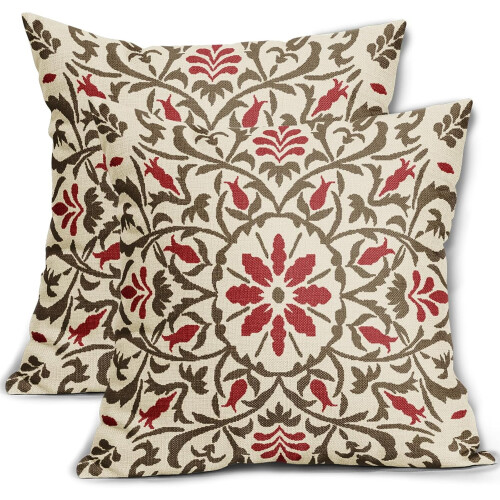 Conjunto de 2 capas de almofada em linho marrom e vermelho, 40x40cm.