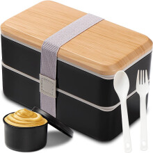 Boîte à lunch Bento pour adultes, contenant empilable étanche de 1,3 L avec compartiments, ustensiles et pot à sauce – Noir