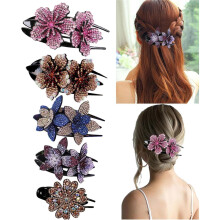 5 phíosa gearrthóga gruaige duille bláth lonracha le rhinestones, péarlaí & criostail – comhoiriúnach le sealbhóirí bun/eireaball capaill