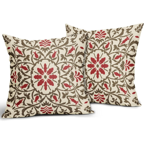 Conjunto de 2 capas de almofada boho em linho, marrom e vermelho, 45x45 cm (18x18 polegadas). 1