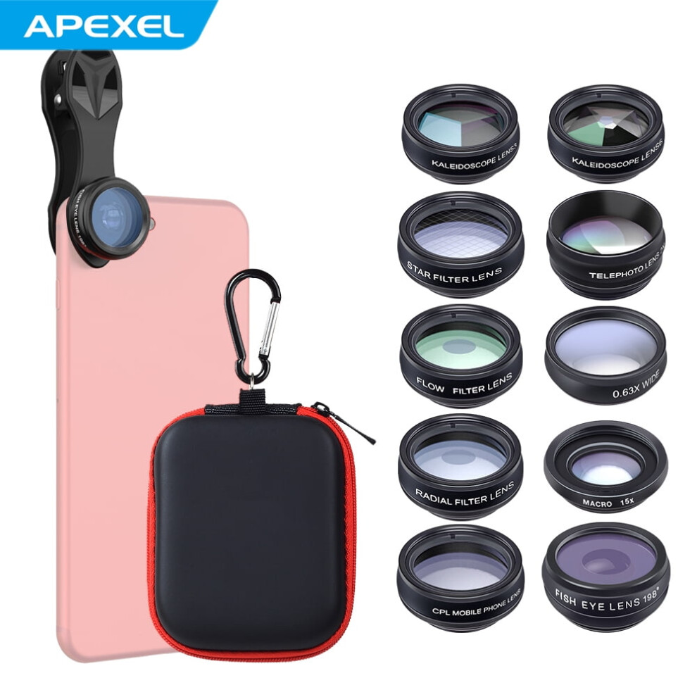 Apexel 10-Piece Phone Camera Lens Kit: Wide Angle, Macro, Fisheye, Telephoto, Cpl, Star, Radial, Flow, Kaleidoscope Lenses Â Compatible With Iphone 9496895926821