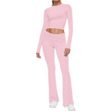 Dame 2-delt loungesæt Fold-over flare bukser Langærmet cropped top Casual outfits Pyjamas