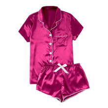 Ediodpoh női pizsama szett, női lezser, egyszínű selyem szatén pizsama szett, rövid ujjú, gombos felső és rövidnadrág, pink_001L