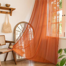 Burnt Orange Boho Curtains 59"x90", Terracotta Crochet Lace Sheer Knitted with Fringes, Rod Pocket, 1 Panel – Compatible with Standard Rods