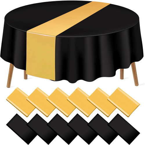 Gold Satin Table Runner & Black Round Tablecloth Set 1