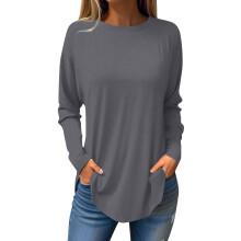 Blusas femininas de manga comprida, gola redonda, estilo túnica, cor sólida, com detalhes franzidos, modelagem solta, estilo moletom, para