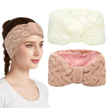 2 Stück Ohrenwärmer-Stirnbänder für Damen, Haaraccessoires, grob gehäkelte Winterturban-Stirnbänder, Winteraccessoires für Damen (weiß + rosa)