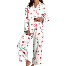 Hyggeligt Valentinsdag-pyjamassæt til kvinder – Blødt 2-delt kærlighedssløjfeprint, langærmet top og bukser med knapper,