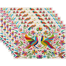 Set van 6 kleurrijke placemats met Mexicaanse vogel- en bloemenprint, 30 x 45 cm. Wasbare en hittebestendige linnen tafelmatten voor thuis, feestjes