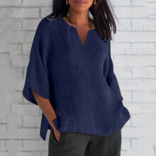 Plus-Size-Tops Damenmode Sommer Baumwolle und Leinen V-Ausschnitt Freizeit Dreiviertelärmel Uni Tunika