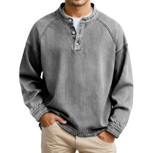T-shirt da uomo a maniche lunghe, tinta unita, denim, pieghe, lavato, girocollo, pullover, jeans, t-shirt da uomo