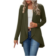 Cardigã feminino de manga comprida, cor sólida, estilo cardigã folgado, em tricô, verde-oliva.
