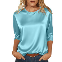 Top de satén para mujer – Manga tres cuartos, cuello redondo, color liso, corte cómodo e informal – Ideal para combinar con conjuntos de