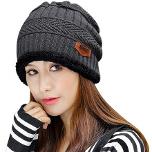 Kvinder Tyk Varm Vinterhue Slouchy Skully Strikhuer Blød Stretch Ribbet Hue til Sne Ski Grå