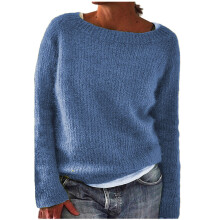 Suéter feminino de tricô vintage, manga longa, decote canoa, estilo retrô, leve, ideal para outono e inverno. Cor sólida. Blusa de tricô