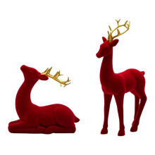 DAMAI Conjunto de 2 Decorações de Natal com Renas Flocadas, Estatuetas de Renas Vermelhas e Verdes em Pé/Deitadas, Enfeites de Mesa Brilhantes