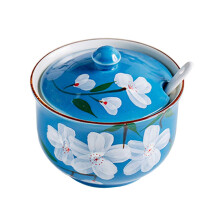 Hand Painted Flower Ceramic Sugar Bowl and Spice Jar with Lid and Spoon, Blue Kitchen Condiment Pot