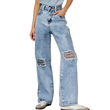 Zerrissene, dehnbare High-Waist-Jeans mit weitem Bein und Used-Look für Mädchen und Jungen, Blau, 8-9 Jahre, passend für Kinder-Reitbekleidung