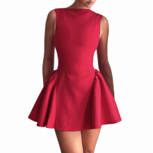 Dames zomer mouwloze mini-jurk met ronde hals en open rug, A-lijn, rood, maat S