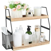 Organizador de encimera de baño de madera, estante de 2 niveles con cesta
