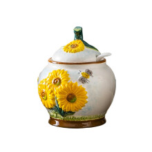 Ceramic Sugar Bowl with Lid and Spoon, Embossed Sunflower and Bee Design for Kitchen and Coffee Bar