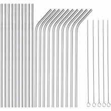Conjunto de 25 canudos de aço inoxidável: 10 retos + 10 curvos + 5 escovas, canudos reutilizáveis de 21,5 cm para copos de 590 ml