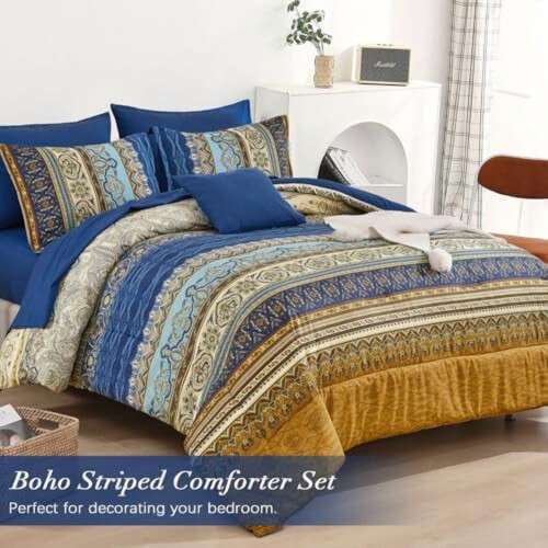 Σετ παπλωμάτων boho σε πλήρες μέγεθος, 8 τεμάχια, καφέ μπλε μποέμ πάπλωμα με ριγέ 1