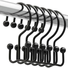 Crochets de rideau de douche noirs minimalistes à double glissière, en métal antirouille, lot de 12 – Compatibles avec les barres de douche