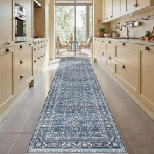 Vintage Blue 3x10 Runner Rug, Washable Non-Slip Low-Pile Faux Wool, Soft Distressed Navy Floor Mat for Kitchen, Hallway, Entry – Compatible with