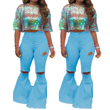Flare Jeans för Dam Bell Bottom Trendiga Rivna Plus Size Boot Cut Denimbyxor Ljusblå