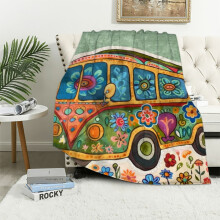 Hippie Bus 70s Flannel Throw Blanket Retro Van Yellow Cartoon Camper Warm Lightweight Cozy Blanket for Bedroom Living Rooms Sofa Couch White