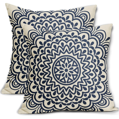 Σκούρο μπλε λινό μαξιλάρι Mandala 18x18 ίντσες – 2 τεμάχια