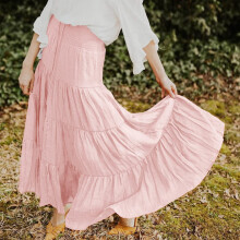 Saia maxi boho feminina de verão com cintura alta elástica, cordão ajustável e corte em A.