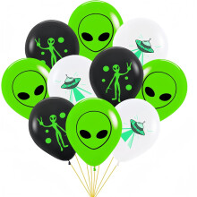Avaruusolentojen lateksi-ilmapallot, UFO-juhlatarvikkeet, vihreä puhallettava avaruusolentojen rekvisiitta avaruuteen ja Halloween-juhlien
