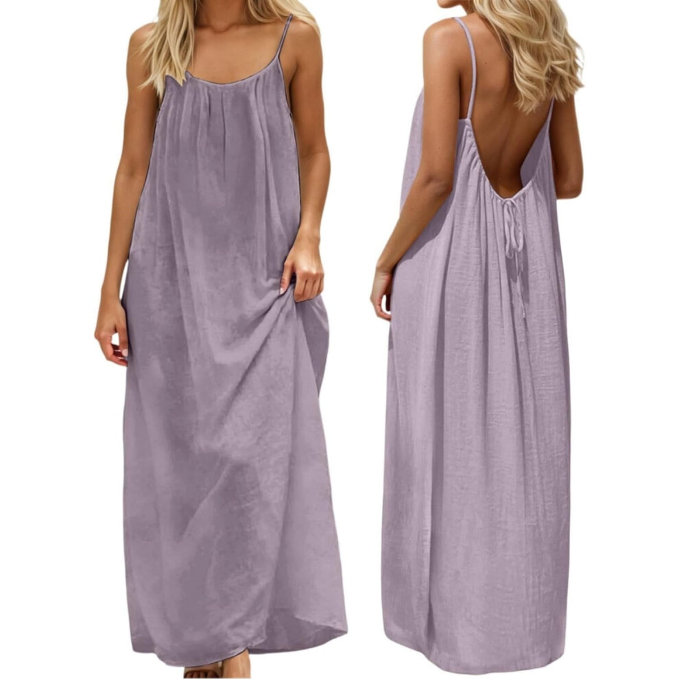 Women Backless Cami Dress, Summer Casual Sleeveless House Lounge Dresses, Spaghetti Strap Flowy Long Beach Sundress 9165521578856