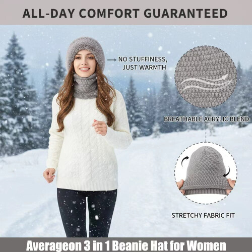 Γυναικείο καπέλο Beanie 3 σε 1, αντιανεμικό και ζεστό κασκόλ και καπέλο εξωτερικού 1
