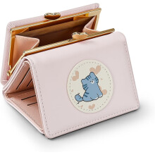 Wallet Women, Small Cute Cat Trifold Wallets Woman, Ladies Wallet with Heart Shaped Kiss-lock Coin Purse Pouch with ID Window for Card Cash Change