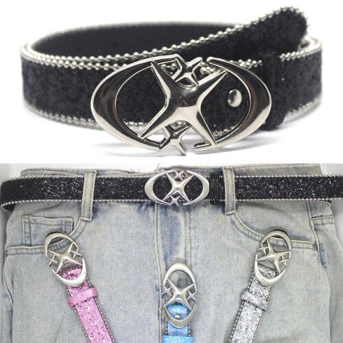 Cinto ajustável em couro PU com decoração de estrela e lua para vestidos e calças jeans femininas. 1