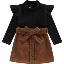 Conjunto de ropa de otoño/invierno para bebé niña: top de punto de algodón de manga larga con cuello alto y minifalda abotonada.