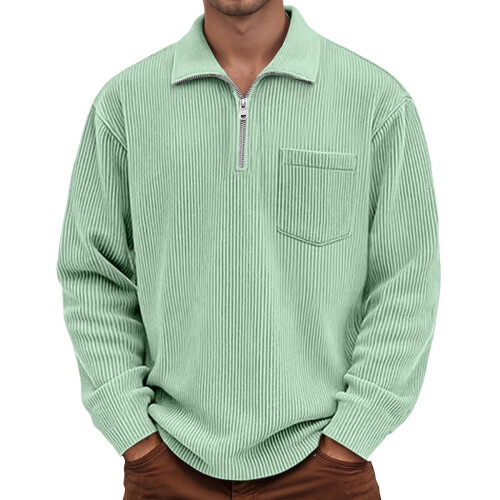 Shirts for Men Corduroy Long Sleeve Solid Collared Tops Zipper Pullover Textured Sweatshirt