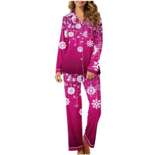 Dampyjamasset med V-ringning, långärmad, matchande topp och byxor, festliga mjuka stretchiga sovplagg, plusstorlekar S-2XL, presentidé till