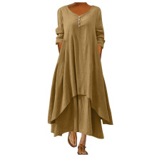 Vestido longo casual de manga comprida e corte reto para convidada de casamento, ideal para o inverno e outono. Possui decote redondo e modelagem