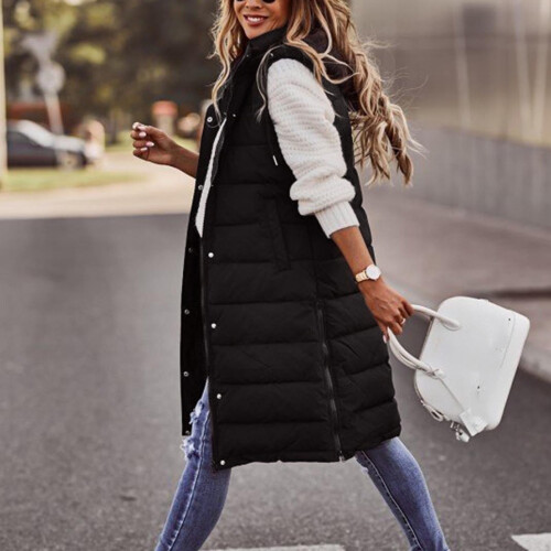 Puffervest for kvinner Plus Size Solid Hettegenser Vinter Ermeløs Dunfrakk Lang Glidelåsjakke Varm