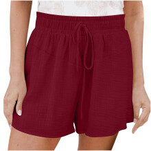 Calças largas femininas, shorts femininos casuais de cor sólida, pernas largas, cintura alta e amarração.