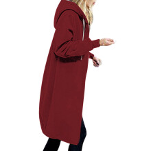 Damluvtröja med dragkedja, lång tunika i fleece med fickor, plus size varma vinterkläder, vinröd, 3XL, kompatibel med alla standardstorlekar