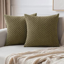 Housses de coussin rayées en velours côtelé 61 x 61 cm, vert olive