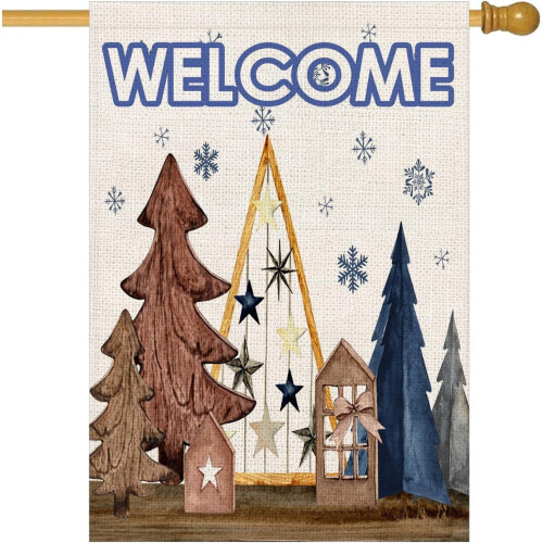 Bandeira de Natal em formato de casinha com árvore de Natal e floco de neve azul, 71 x 102 cm (28 x 40 polegadas)