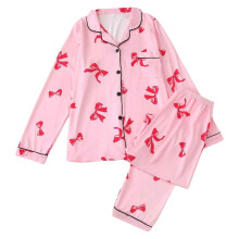 Comfortabele Valentijnsdag pyjamaset voor dames – strikjesprint, top met lange mouwen en broek, loungewear met knoopsluiting, nachtkleding,